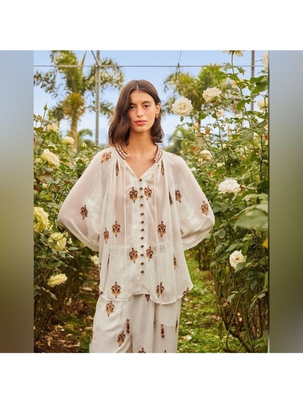 Farm Rio Off-White Long Sleeve Blouse